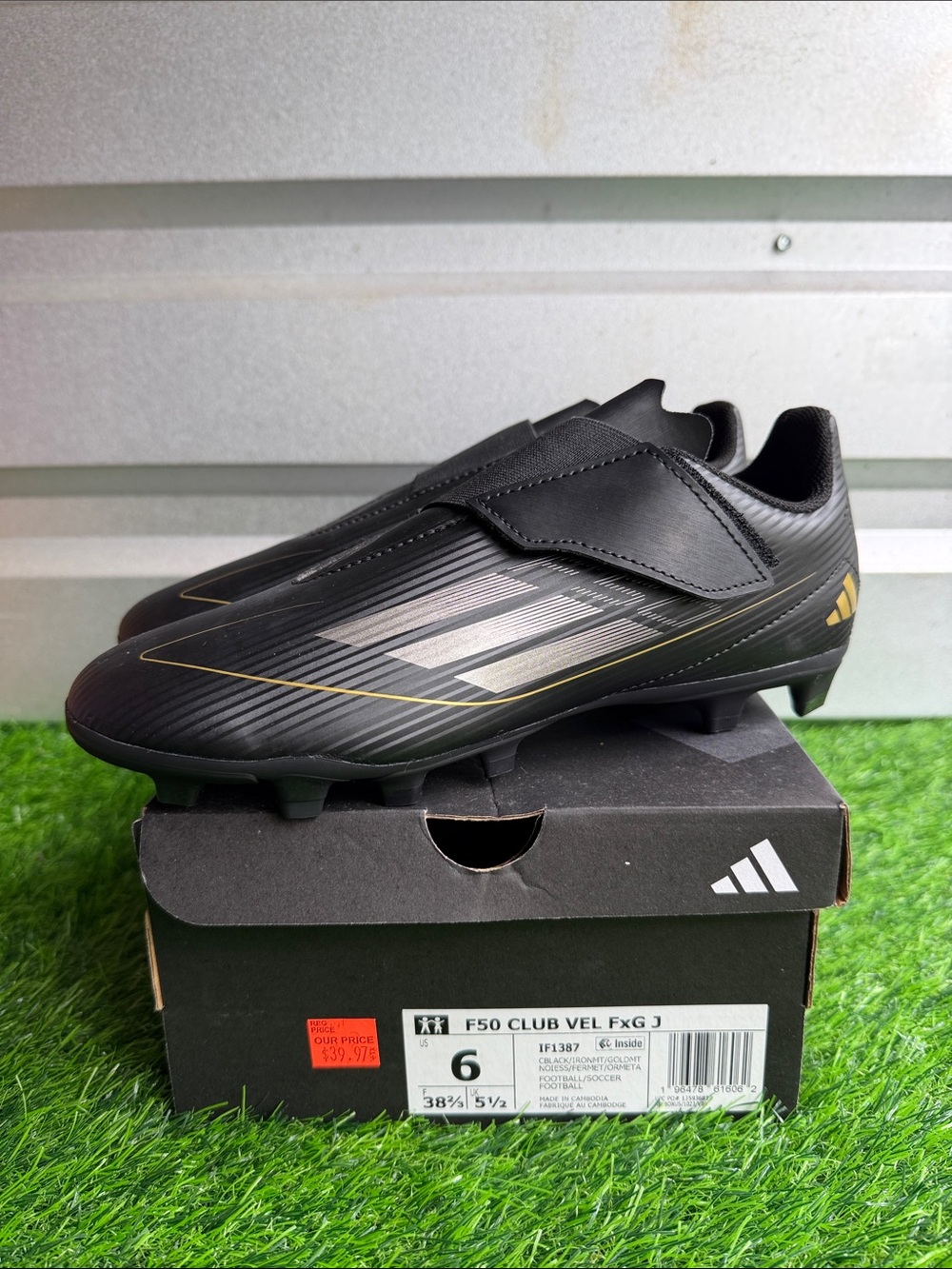 adidas Kids Black and Gold F50 Club VEL FG Soccer Cleats